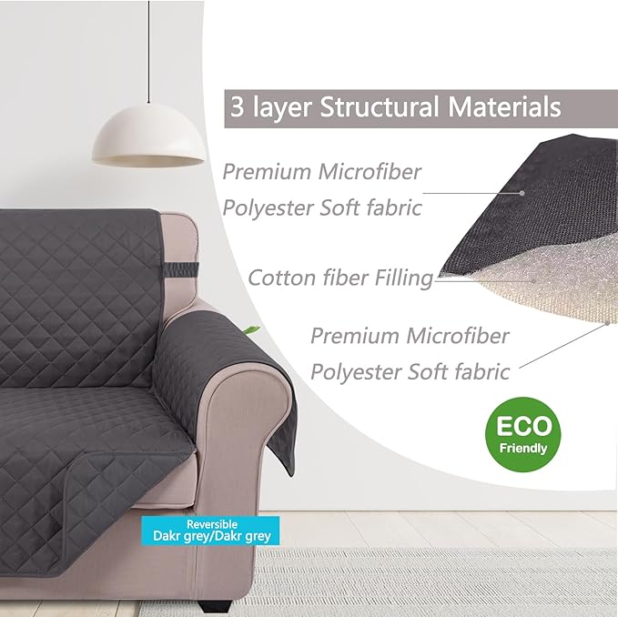 U-NICE HOME Reversible Sofa Cover Couch Cover for Dogs with Elastic Straps Water Resistant Furniture Protector for Pets Couch Cover for 3 Cushion Couch (Sofa, Dark Grey/Dark Grey)