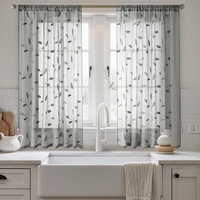 HOMEIDEAS Grey/Gray Sheer Kitchen Curtains 52 x 54 Inch Length 2 Panels Embroidered Leaf Pattern Short Curtains for Bedroom Half Small Window Rod Pocket Tiers