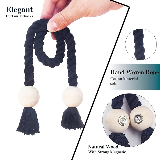 4 Pack Magnetic Curtain Tiebacks Cotton Hand Woven Tie Back Decorative Rope Holdbacks for Curtains Draperies No Tools Required, Navy