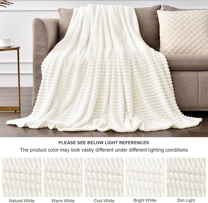 BEDELITE Fleece Throw Blanket for Couch – 3D Ribbed Jacquard Soft and Warm Decorative Fuzzy Blanket – Cozy, Fluffy, Plush Lightweight Cream Throw Blankets for Bed, Sofa, 50x60 inches