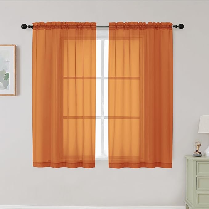 Orange Sheer Curtains for Bedroom Living Room 45 Inch Length 2 Panels, Soft Airy Light Filtering Small Kitchen Window Curtains, Rod Pocket Short Curtain Drapes, Orange, 42" Wx45 L Inches