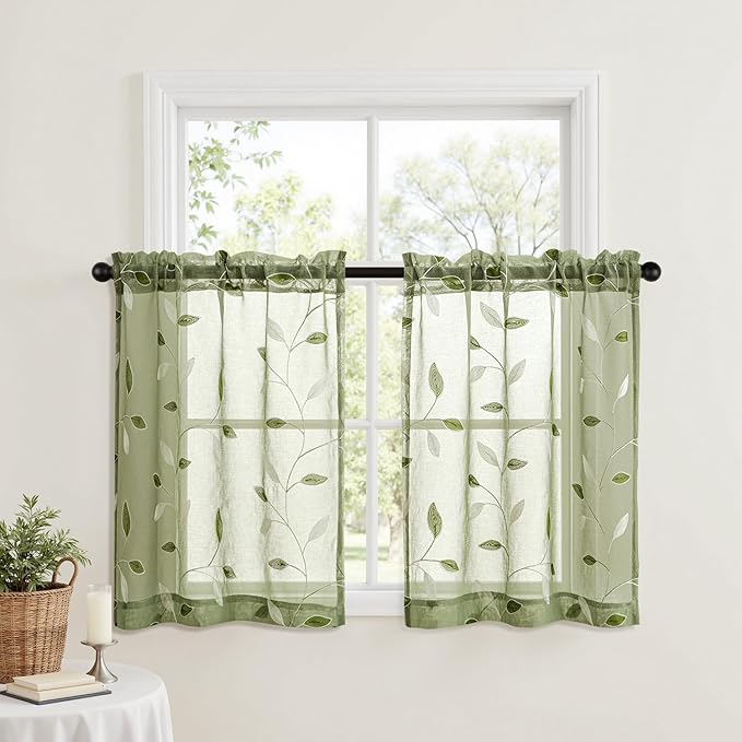 MIULEE Sage Green Sheer Kitchen Curtains 30x36 Inches Length 2 Panels Embroidered Leaf Patterned Rod Pocket Floral Semi Sheer Faux Linen Short Window Curtains Drapes Set for Bathroom Cafe