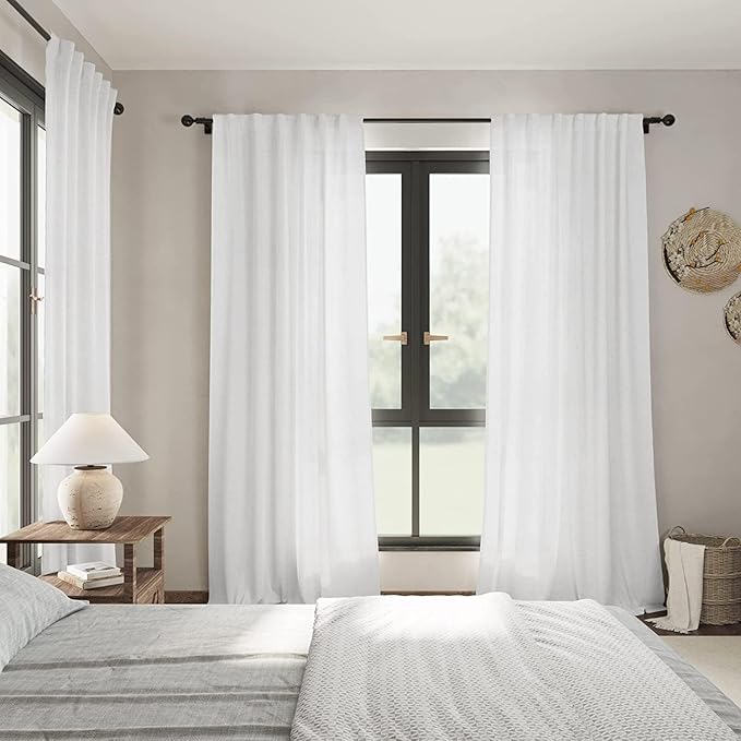 Nanspring Extra Long White Curtain 105 inches Long 2 Panels Set for Living Room Back Tab Modern Farmhouse Decor Cotton Textured Off White Sheer Linen Curtains 105 inch Length for Large Window