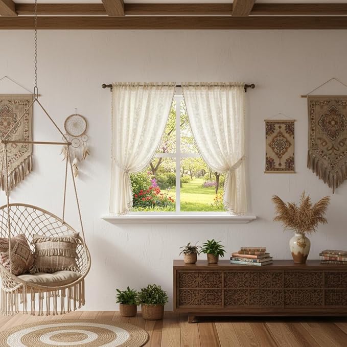 WAZZIO Boho Lace Curtains 2 Panels 45 Inches -Cute Vintage Victorian Sheer Panel Drape French Country Floral Pattern & Tassel Light Filtering Privacy for Bedroom Dining Living Room,Beige,W52x L45