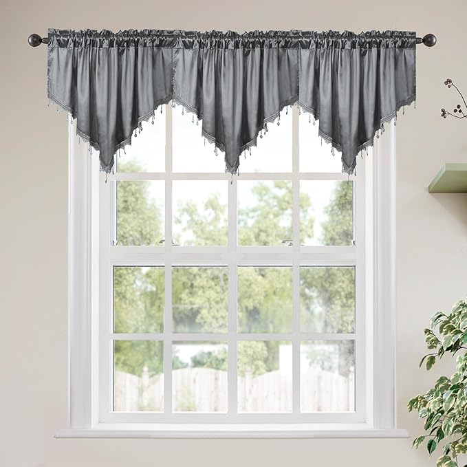 Molaxhome Swag Curtain 51 inch Length Rod Pocket Scalloped Curtain Valance Sheer Lace Panels with Hanging Crystal Beads for Kitchen Bedroom Window Treatments Drape Decor 1pc (Cloth Grey, 51Wx23L)