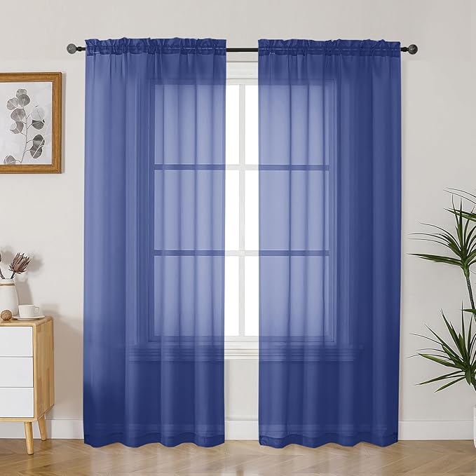 Gwine Royal Blue Sheer Curtains 90 Inches Long 2 Panels Set, Light Filtering Solid Filmy Drapes for Living Room Bedroom, Elegant Soft Rod Pocket Voile Sheer Window Curtains, 42Wx90L Inch, 2PCS