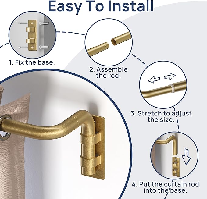 ENJOYBASICS Blackout Curtain rod for windows 48 to 84, Wrap Around Curtain Rods for Bedroom, Living Room, Adjustable from 30 to 86 Inches, Gold