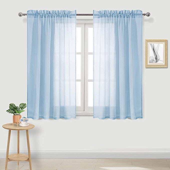 DWCN Sky Blue Sheer Curtains Semi Transparent Voile Rod Pocket Curtains for Bedroom and Living Room, 52 x 54 inches Long, Set of 2 Panels