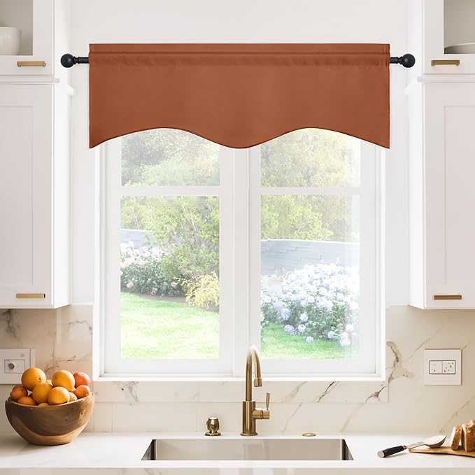 NICETOWN Farmhouse Valance for Kitchen Window - 42 inches by 18 inches Thermal Insulated Scalloped Rod Pocket Kitchen Curtain Tiers Drapery Panel for Home Decor, Burnt Orange, 1 Panel