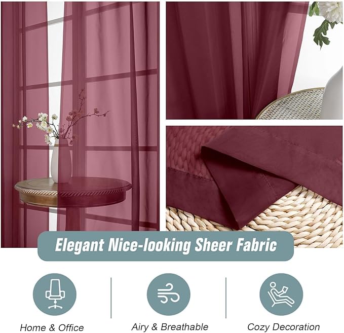 Burgundy Window Sheer Curtains 54 inch Length, Soft Airy Light Filtering Sheer Curtain 2 Panels, Dual Rod Pocket Gauze Drapes for Living Room Christmas Decoration, 2x42Wx54L Inches