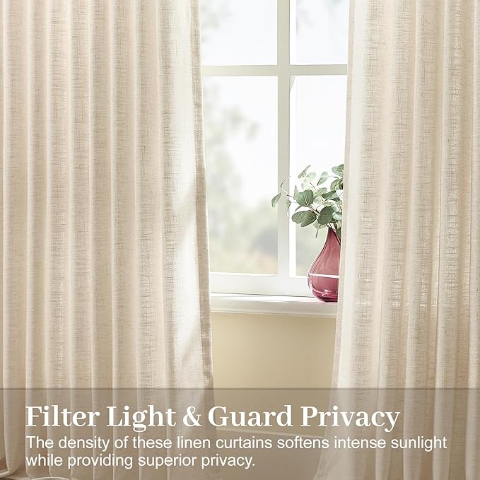 IVAPUPU Sand Beige Pinch Pleated Curtains 102 Inch Long for Living Room, Extra Wide Semi Sheer Drapes Back Tab Hooks Rings Light Filtering Privacy Modern Linen Curtain for Bedroom, 1 Panel, W60xL102
