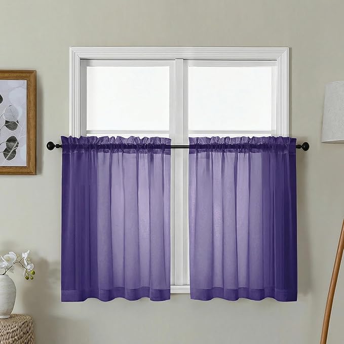 Gwine Short Kitchen Sheer Curtains 30 Inch Length - Light Filtering Voile Small Half Window Curtain for Basement, Rod Pocket Cafe Curtains for Bathroom Cabinet, 42Wx30L Inch, 2 Panels, Purple