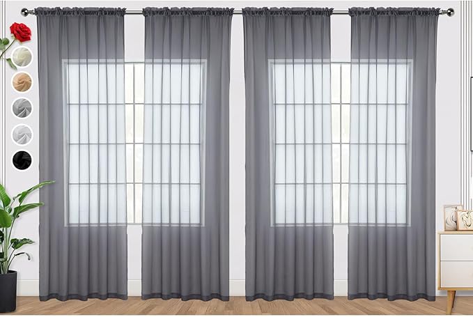 SpaceDresser Grey Sheer Curtains 4 Panels Rod Pocket Semi-Sheer Curtain 96 Inches Long Light Filtering Voile Window Drapes for Bedroom Living Room Kitchen, Each 52W x 96L