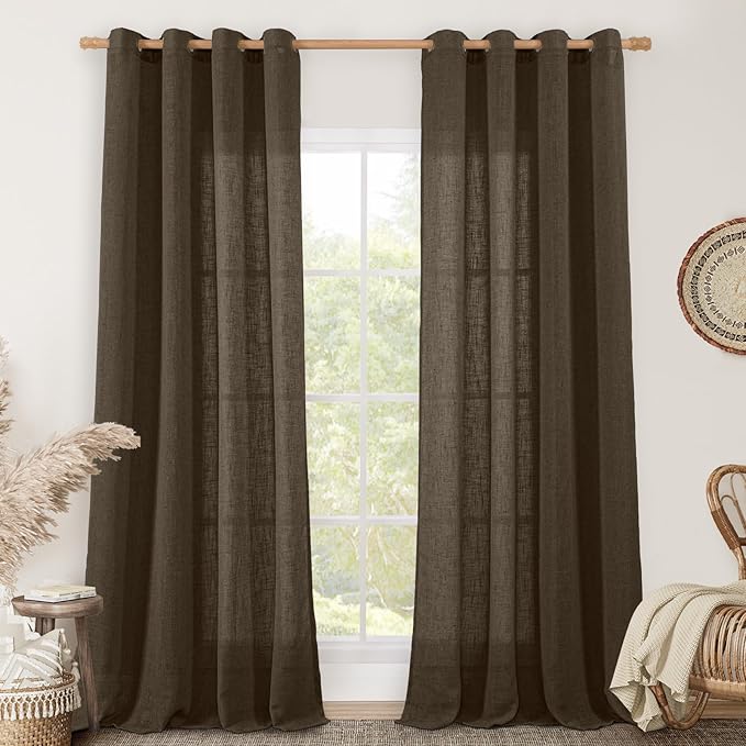 LAMIT Brown Linen Curtains 90 Inch for Living Room 2 Panels, Bronze Grommet Linen Textured Farmhouse Drapes Semi Sheer Bronze Grommet Curtain Panels for Bedroom, Dark Brown, 52 x 90 Inch