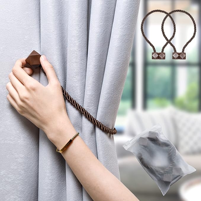 NazTur Magnetic Curtain Tiebacks- Upgrade 2022 with a Thicker Twist Rope & Strong Magnet Tieback Window Treatment Holdbacks Draperies Holders Decorative Drape Handmade Tie Back (Coffee Dark, 2)