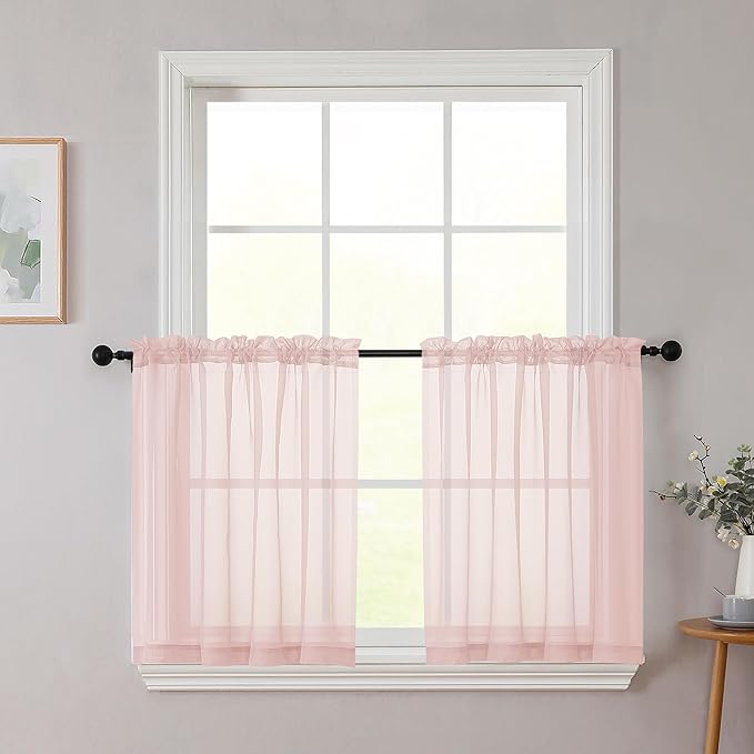 Kitchen Curtains 24 Inch Length Tier 2 Pieces, Blush Sheer Curtain Solid Soft Sheer Short Curtains for Windows, Cafe Bathroom Basement Rod Pocket Drapes, Blush, Each 42" Wx24 L Inches