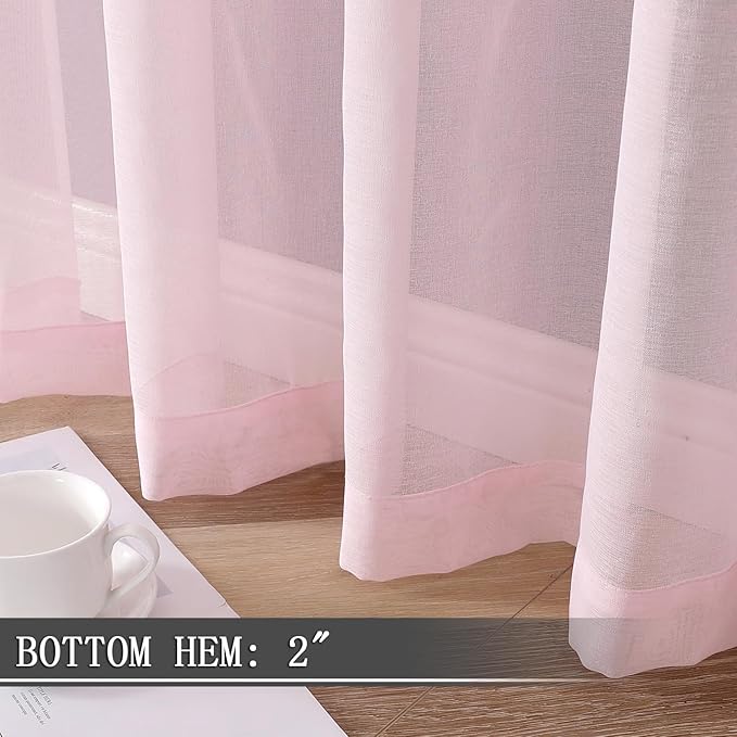 Tollpiz Sheer Curtains Bedroom Linen Textured Curtain Sheers Light Filtering Voile Rod Pocket Curtains for Living Room, 38 x 84 inches Long, Pink, Set of 2 Panels