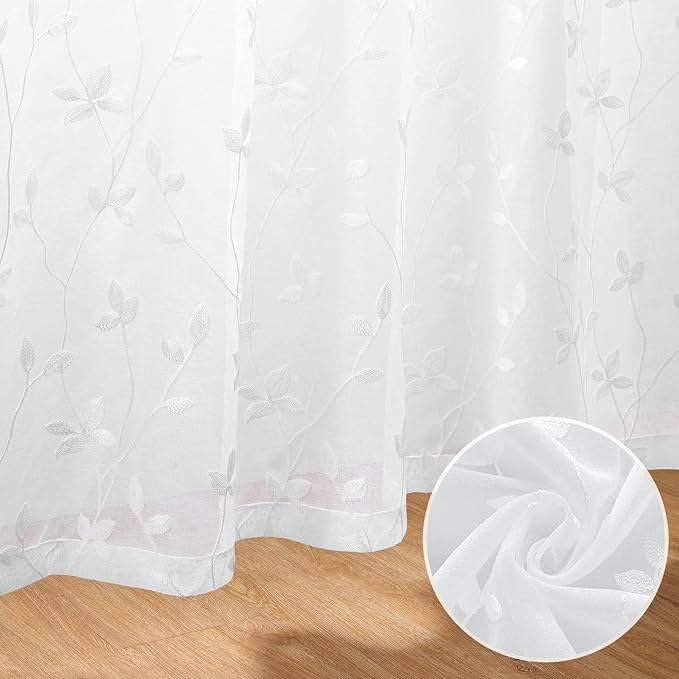 HOMEIDEAS White Sheer Curtains 52 X 84 Inches Length 2 Panels Embroidered Vine Floral Pattern Pocket Faux Linen Semi Sheer Voile Window Drapes for Bedroom Living Room