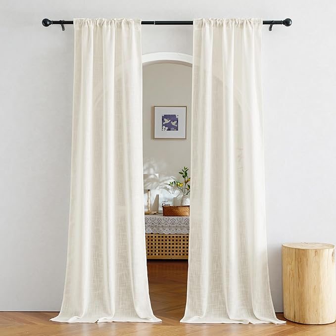 NICETOW Semi Sheer Linen Curtains for Living Room, Rod Pocket & Back Tab Window Treatments Faux Linen Blend Privacy with Light Filtering Drapes for Bedroom, Natural, 2 Panels, W34 x L90