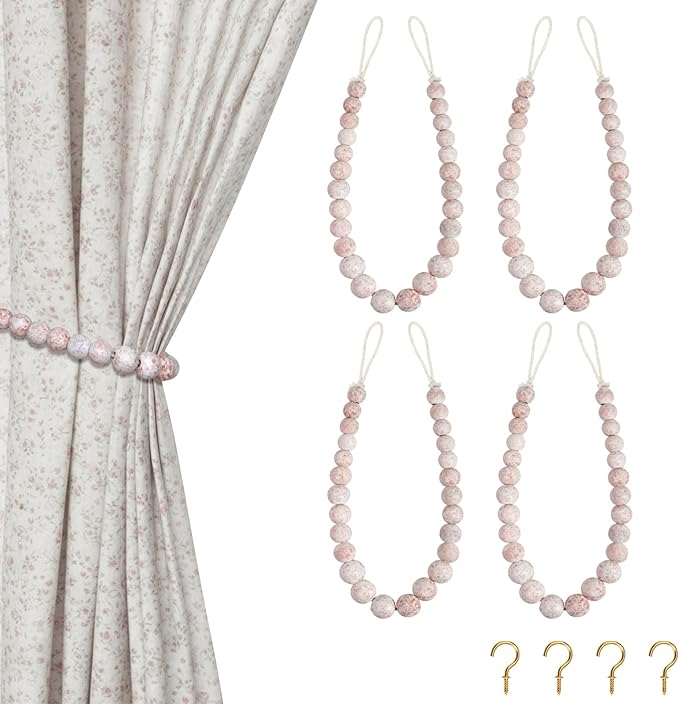Hion 4 Pcs Boho Curtain Tiebacks,Wood Beads Curtain Holdbacks,Outdoor Farmhouse Tie Backs for Curtains,Curtain Holders for Drapes Home Office Decor with Hooks(White Washed)