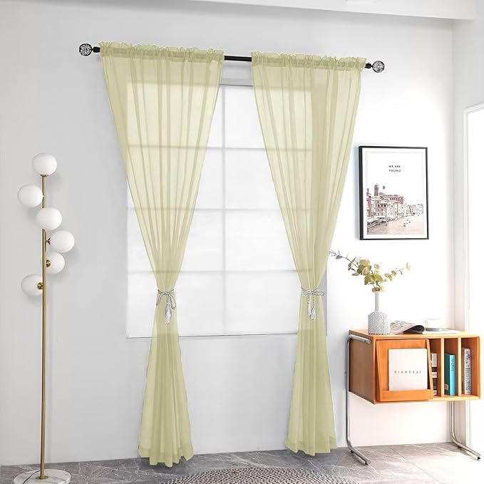 youleyar Solid Sheer Rod Pocket Curtain Voile Draperies 2 Panels White Beige Black Grey Ivory 52 Inch Width 90 Inch Long 1 Pair for Kitchen Bedroom Children Living Room Yard (Sage Green,52Wｘ90L)