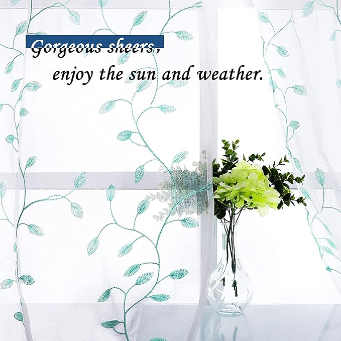 MRTREES Sheer Christmas Curtain Valance, 2 Panels Leaves Embroidered Small Valances Curtains 54x16 Inches, Rod Pocket Short Window Treatment Toppers for Living Room Bedroom Kitchen(Aqua Blue Leaves)