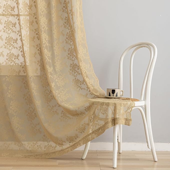 YJ YANJUN Vintage Lace Curtains 84 Inches Long-Victorian Floral Pattern Taupe Sheer Curtain Panels for Living Room Bedroom, Retro Boho Farmhouse Earth Tone Home Decor 2 Panels 52W x 84L Dark Tan