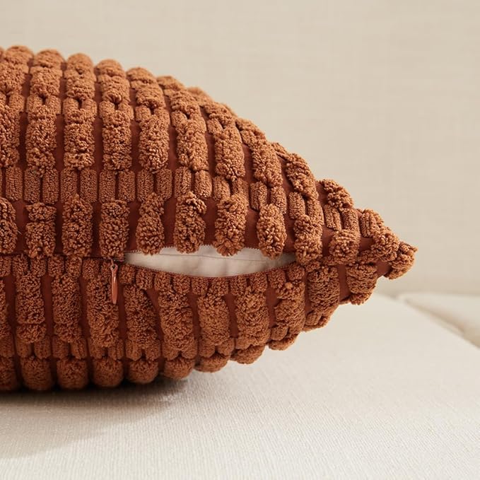 Fancy Homi 4 Packs Rust Decorative Throw Pillow Covers 24x24 Inch for Living Room Couch Bed Sofa, Terracotta Rustic Farmhouse Boho Home Decor, Soft Plush Striped Corduroy Square Cushion Case 60x60 cm