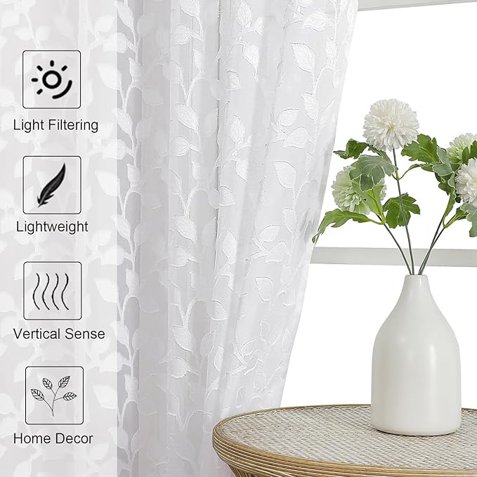 Chyhomenyc White Sheer Curtains 84 Inch Length 2 Panels Set, Light Filtering Tufted Textured Soft Airy Rod Pocket Gentle Leaf Window Treatment Drapes for Bedroom Living Room, 52" Wx84 L, 2PCS