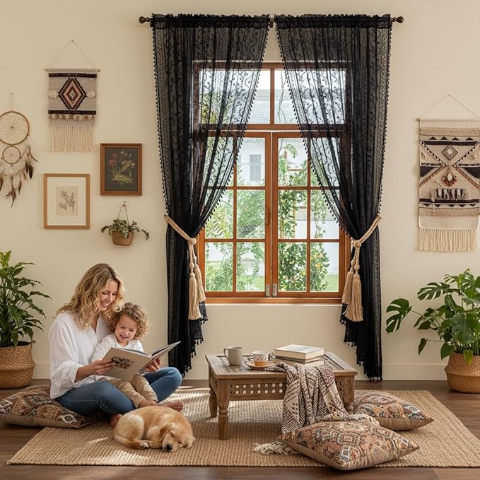 WAZZIO Boho Lace Curtains 84 Inch -Vintage Victorian Sheer Panel Drape Floral Pattern & Tassel Light Filtering Privacy for Bedroom Dining Living Room,Black Gothic Halloween Decor,2 Panels,W52 x 84L