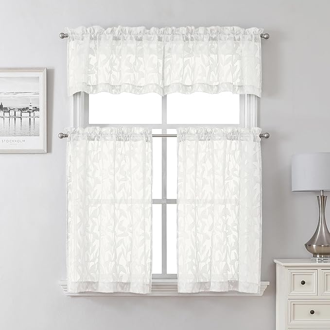 Lecloud Leia Ivory Sheer Kitchen Curtains 24 Inch Length 2 Pcs, Jacquard Leaf Textured Voile Short Curtains with Dual Rod Pocket, Farmhouse Bedroom Living Room Tiers, Each Panel 28" W x 24" L