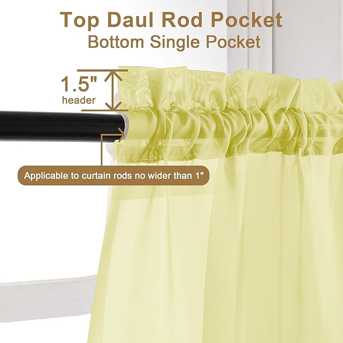 Chyhomenyc Sheer Curtains 63 Inch Length 2 Panels Set, Light Filtering Rod Pocket Window Curtain Treatment Drapes for Bedroom Living Room, Each 42Wx63L, Set of 2, Lemon