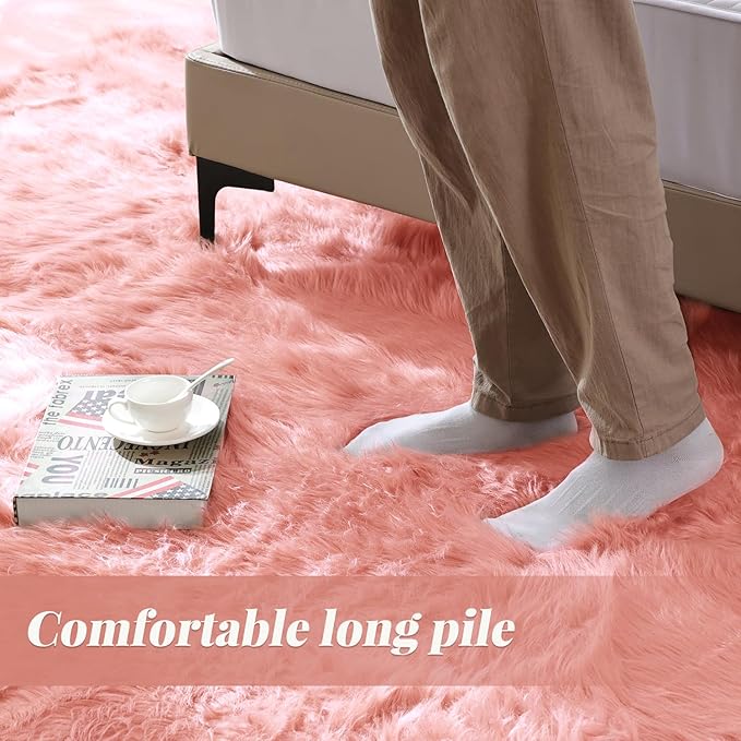 ORINOVA Pink Area Rugs 8x10 Shag Large Washable Rugs for Bedroom Plush Faux Sheepskin Shaggy Fur Rug for Living Room Soft Rectangle Rug