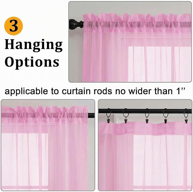Gwine Sheer Curtains 72 Inch Length - Light Filtering Rod Pocket Window Curtain Panels for Bedroom, Elegant Soft Voile Living Room Sheer Drapes, Each 42Wx72L, 2 Panels, Pink