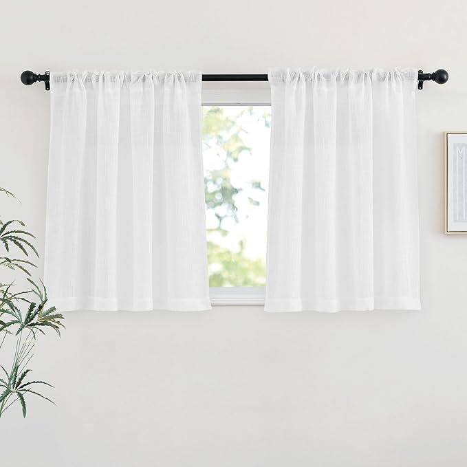 NICETOWN White Semi Sheer Kitchen Curtains 24 inch Length, Rod Pocket & Back Tab Faux Linen Blend Privacy with Light Filtering Window Drapes for Cafe, W34 x L24, 2 Panels