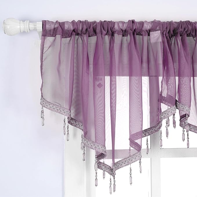 Molaxhome Swag Curtain 51 inch Length Rod Pocket Scalloped Curtain Valance Sheer Lace Panels with Hanging Crystal Beads for Kitchen Bedroom Window Treatments Drape Decor 1pc (Modena, 51Wx23L)
