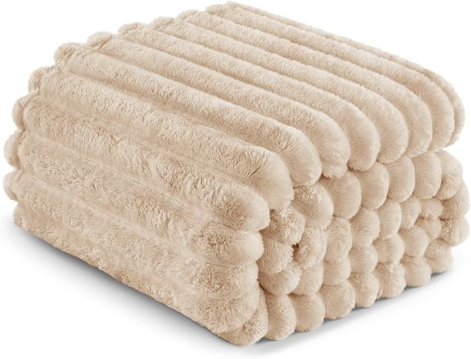 Exclusivo Mezcla King Size Flannel Fleece Blanket, Super Soft Striped Jacquard Bed Blanket, Lightweight Fuzzy Cozy for All Seasons, 90x104 Inches, Beige