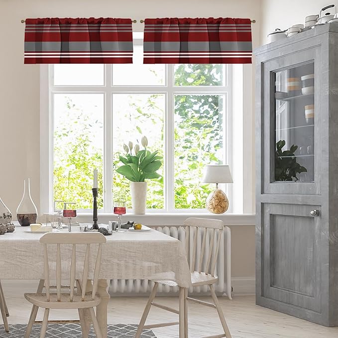 Emvency 2 Pack Valances Window Treatments, Red Grey White Striped Blackout Adjustable for Living Room Bathroom Bedroom Kitchen Over Sink, 52x12 Inch Rod Pocket Valances