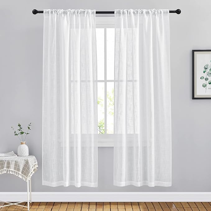 NICETOWN Semi Sheer Linen Curtains for Bedroom, Rod Pockets & Back Tab Linen Sheer Window Treatments Privacy with Light Penetration for Flat/Apartment, White, W42 by L72, Set of 2