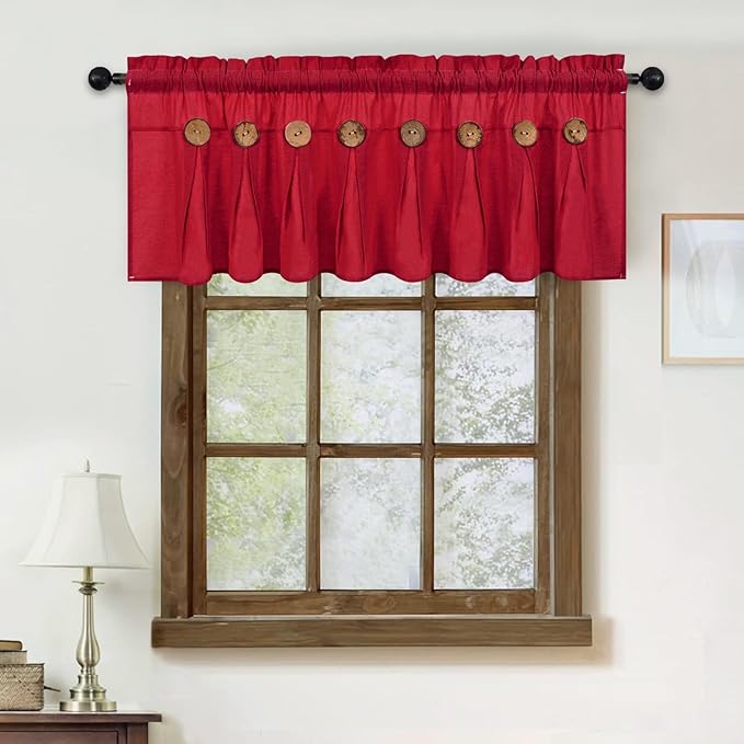 FRAMICS Farmhouse Valance Curtains, Boho Cotton Linen Kitchen Valance, Red Rustic Button Window Valances for Kitchen Bathroom, Country Rod Pocket Valances for Windows Christmas, Red, 52 x 18 Inch