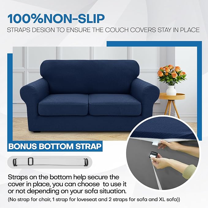 XINEAGE 2026 New 3 Pieces Couch Covers for 2 Extra Large Cushion Sofa Super Stretch Sofa Cover for 2 Large Seat Universal Loveseat Slip Cover for Living Room (Navy Blue), 71"-91"(2 Cushions)