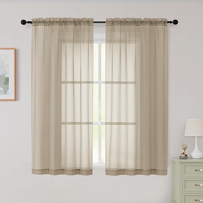 Sheer Taupe Curtains for Bedroom Living Room 54 Inch Length 2 Panels Set, Solid Soft Airy Light Filtering Window Treatments, Modern Rod Pocket Drapes, Taupe, 42" Wx54 L Inches