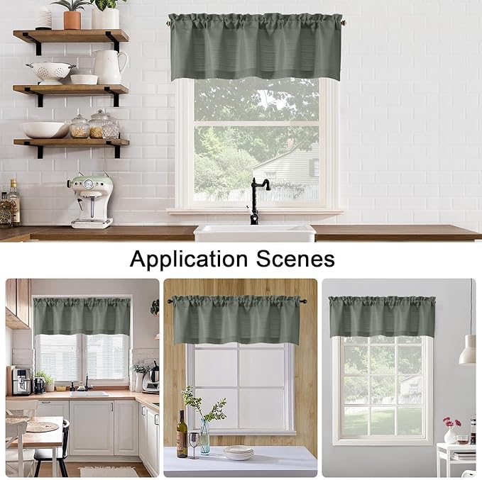 Chyhomenyc Olive Green Valance for Windows, Light Filtering Faux Linen Solid Short Curtain Valance, Burlap Decorative Small Curtain for Kitchen Bathroom Laundry Basement, 60Wx12L inch, 1 Piece