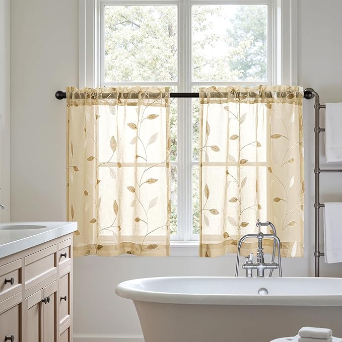 MIULEE Beige Sheer Kitchen Curtains 30x36 Inches Length 2 Panels Embroidered Leaf Patterned Rod Pocket Floral Semi Sheer Faux Linen Short Window Curtains Drapes Set for Bathroom Cafe