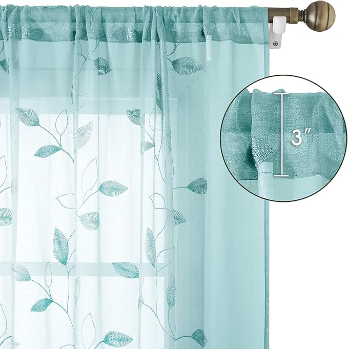 HOMEIDEAS Turquoise Aqua Sheer Curtains 52 X 84 Inches Length 2 Panels Embroidered Leaf Pattern Pocket Faux Linen Floral Teal Voile Window Drapes for Bedroom Living Room