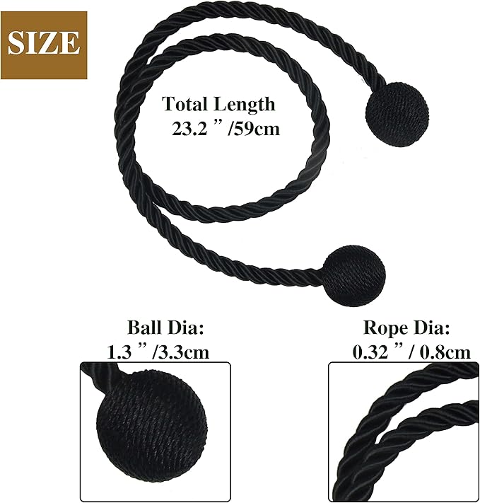 Curtain Tiebacks Outdoor Elegant Decorative Tie Backs Modern Rope Tiebacks for Drapes Window Curtain Holdbacks for Draperies (Black, 4)
