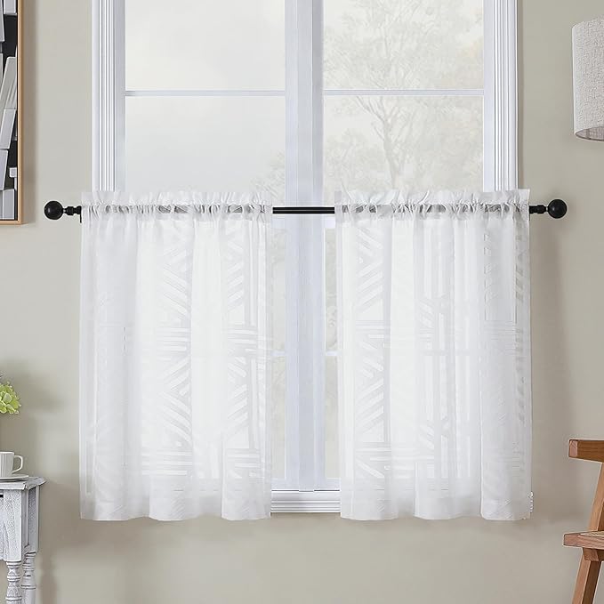 Simplebrand Semi Sheer White Curtains 30 Inch Length 2 Panels, Geometric Jacquard Clip Textured Short Sheer Curtains for Bedroom，Modern Elegant Window Curtains Panels/Drapes/Treatment, 30x30 inch