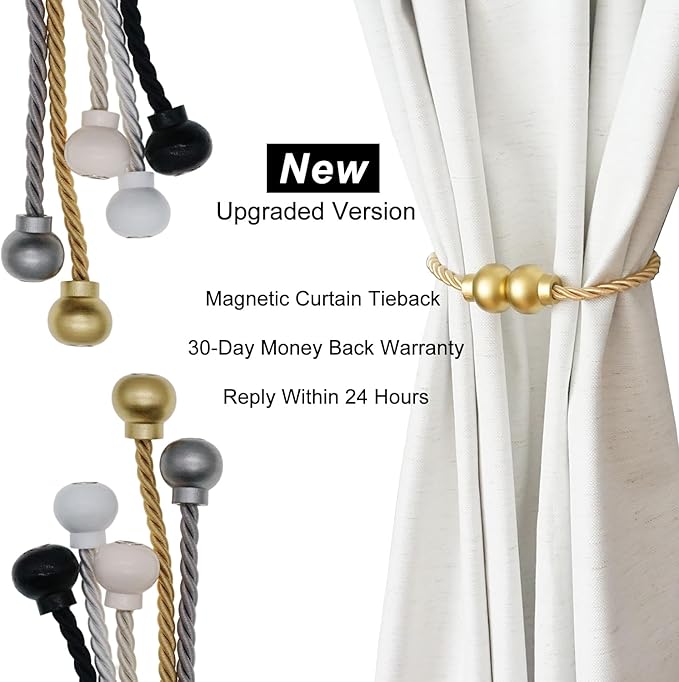 6 Pack Magnetic Curtain Tiebacks Modern Handmade Rope Curtain Tie Backs Decorative Drapes Weave Holdbacks for Home Outdoor Bedroom Office Decorative Curtain, Gold
