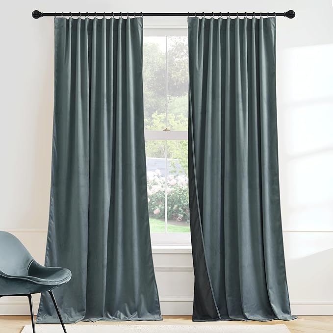RYB HOME Dusty Blue Velvet Drapes for Baby Boy Bedroom, Thermal Insulated, Light Blocking, Floor-Length Velvet Curtains with Hook Belt for Modern Home Decor, 52" W x L96 L, 2 Panels Set