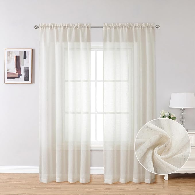 Simplebrand Natural Linen Textured Sheer Curtains 84 inches Length 2 Panels Set, Sheer Curtains Light Filtering Rod Pocket Window Sheer Curtain Panels, Elegant Curtains & Drapes for Bedroom, 40" W